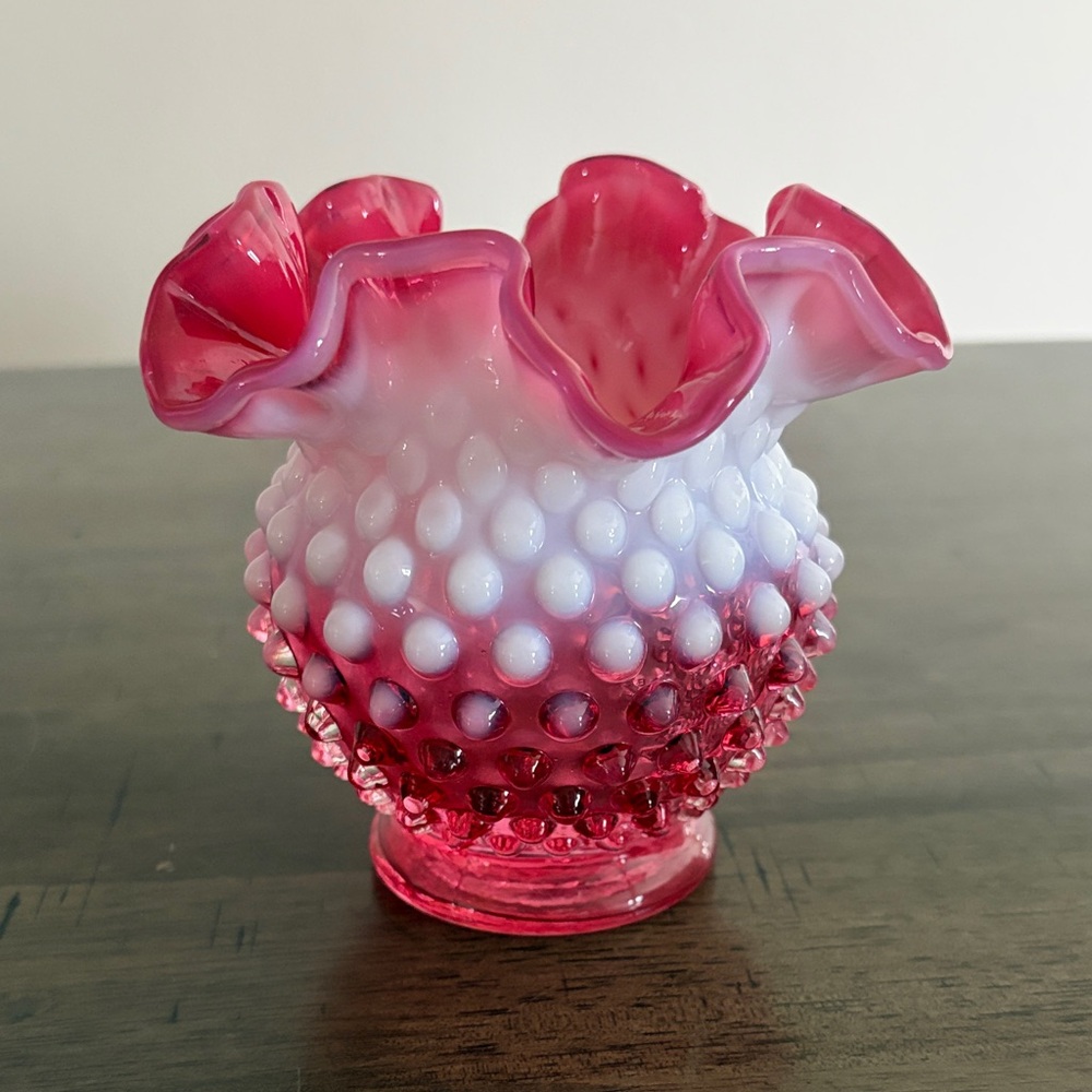 Fenton Cranberry and White Hobnail Vase